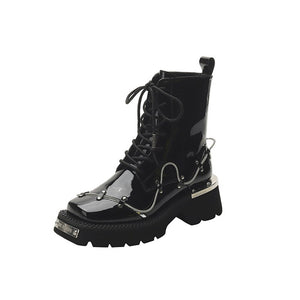 Women Square Toe Ankle Lace Up Metal Boots