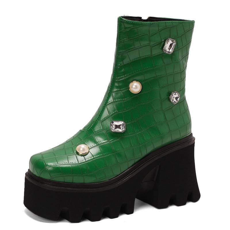Women Mid-Calf Chunky Platform Rhinestone Boots