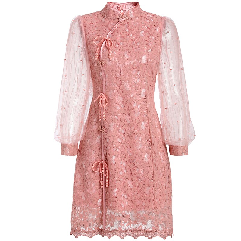 Women Cheongsam Lace Mesh Vintage Jacquard Slim Dress