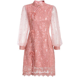 Women Cheongsam Lace Mesh Vintage Jacquard Slim Dress