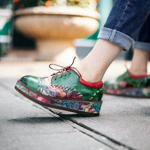 Women Floral Leather Round Head Muffin Heel Shoes