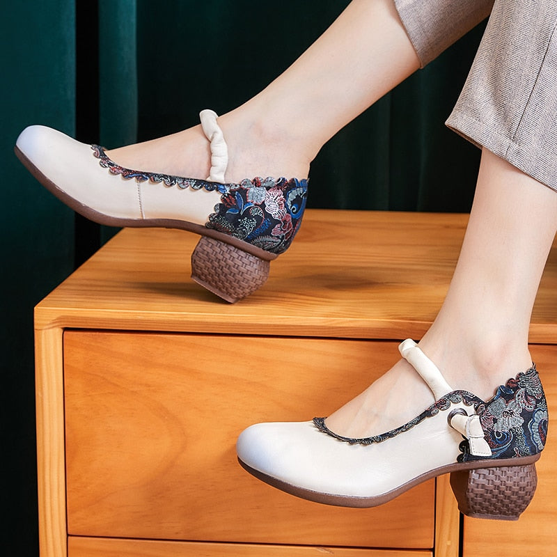 Women Retro Handmade Floral Genuine Cow Leather Shoes