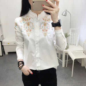 Women Embroidery Flower Blouse Slim Causal Shirts