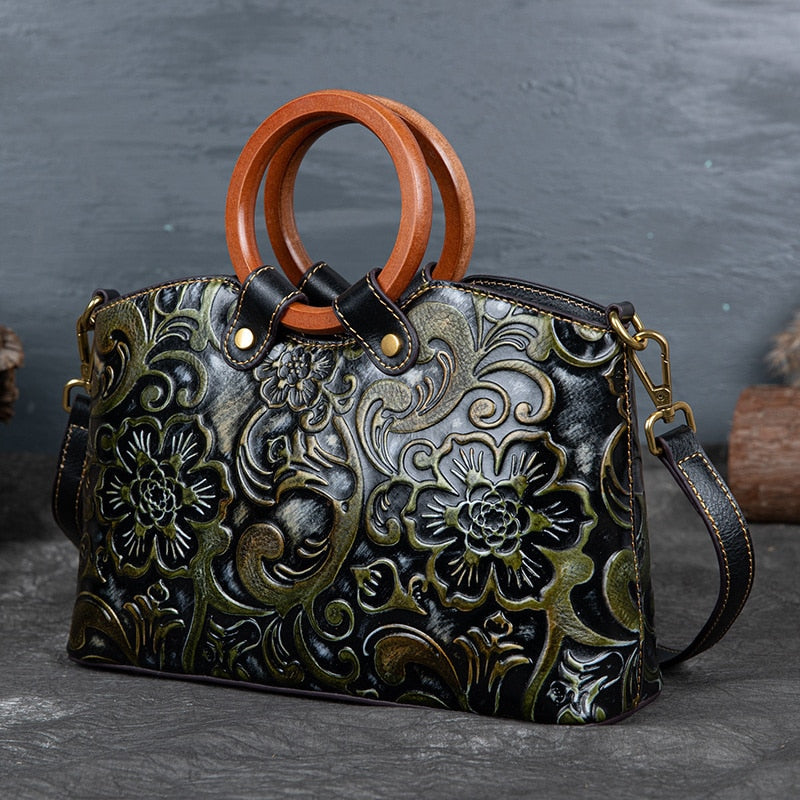 Women Retro Genuine Leather Handmade Embossed Shoulder Bag