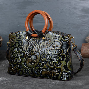 Women Retro Genuine Leather Handmade Embossed Shoulder Bag