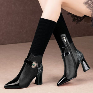 Women Rhinestone Leather Mid Calf Boots