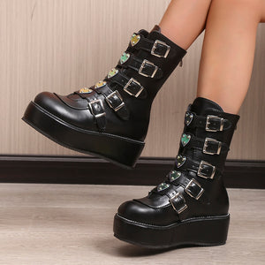 Women Heart Buckles Goth Platform Motorcycles Boots