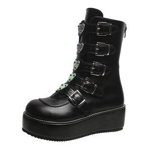 Women Heart Buckles Goth Platform Motorcycles Boots