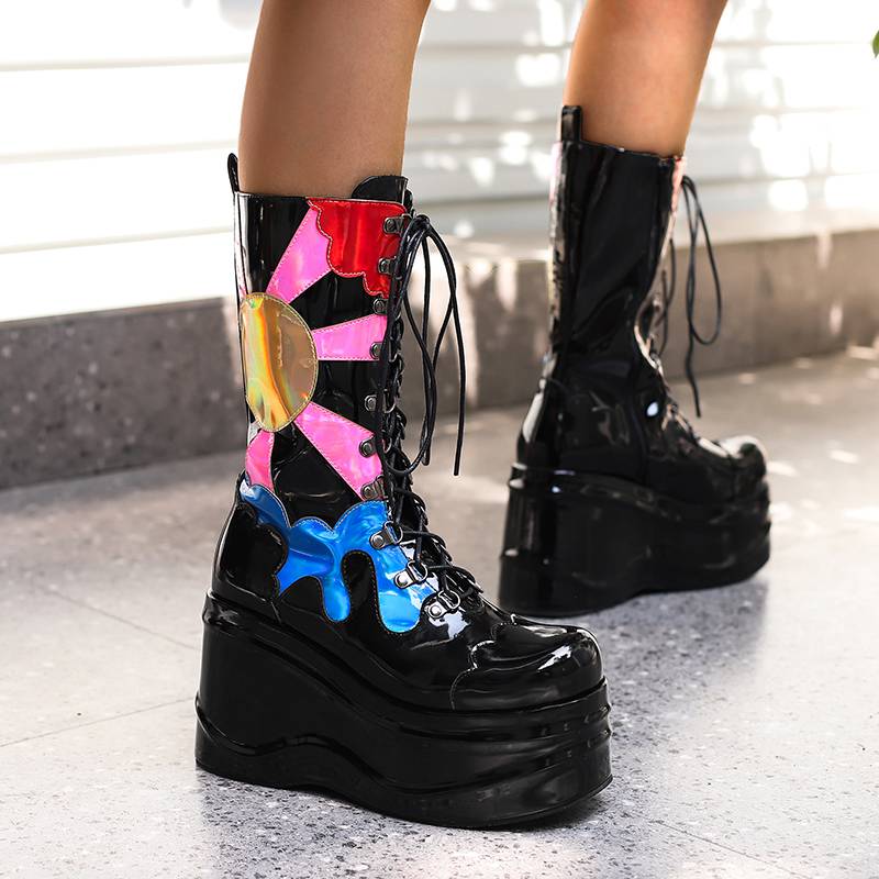 Women Round Toe Thick Heels Zipper Lace-up Boots