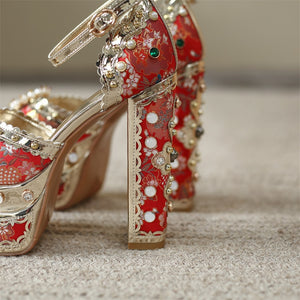 Women Floral Metallic Studded Square Heels Sandal