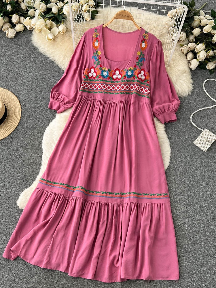 Women Bohemian Embroidered Square Neck Dress