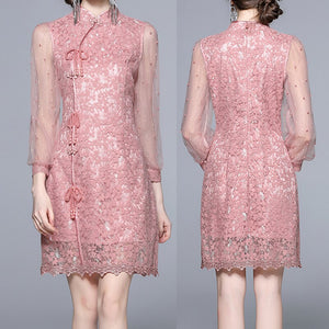 Women Cheongsam Lace Mesh Vintage Jacquard Slim Dress