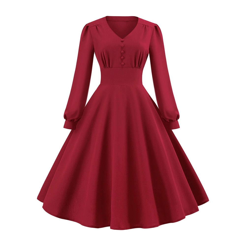 Women Vintage Bishop Sleeve V-Neck Swing Dress