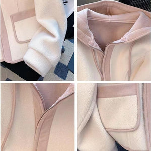 Women Patchwork Design Thick Plush Hoodies Coat