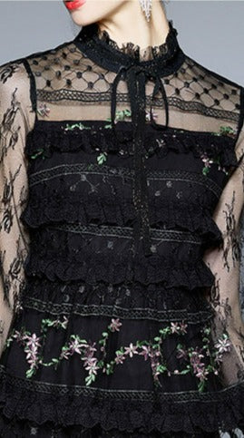 Women Embroidery Patchwork Drawstring Mesh Turtleneck Dress