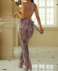 Women Contrast Sequin Criss Cross Tie Backless Jumpsuit