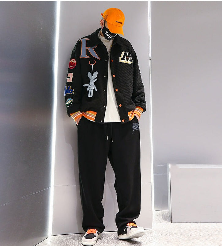 Men Hip Hop Waffle Plaid Jacket Streetwear Embroidery Label Coat