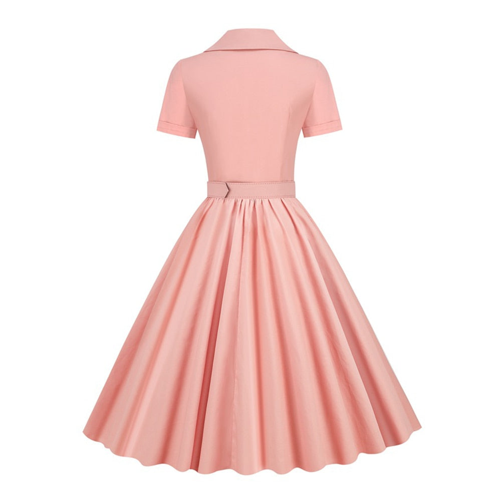 Women Vintage Belted Pinup Rockabilly Tunic Midi Pleated Dress