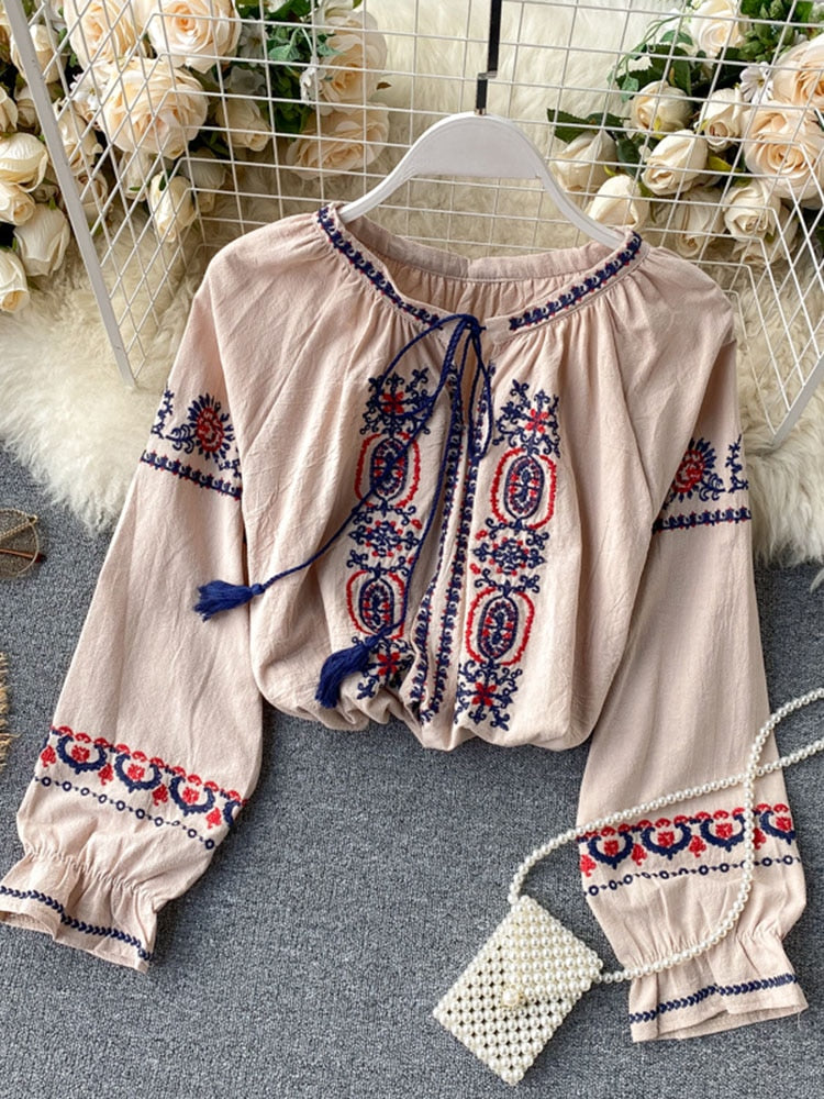 Women Retro Embroidery Tassel Lace Puff Sleeve Blouse