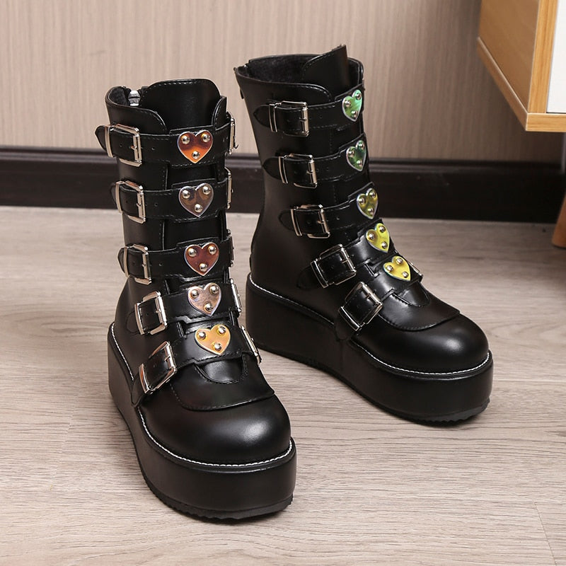 Women Heart Buckles Goth Platform Motorcycles Boots