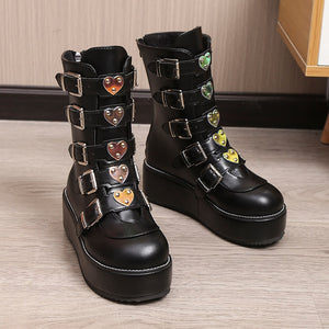 Women Heart Buckles Goth Platform Motorcycles Boots