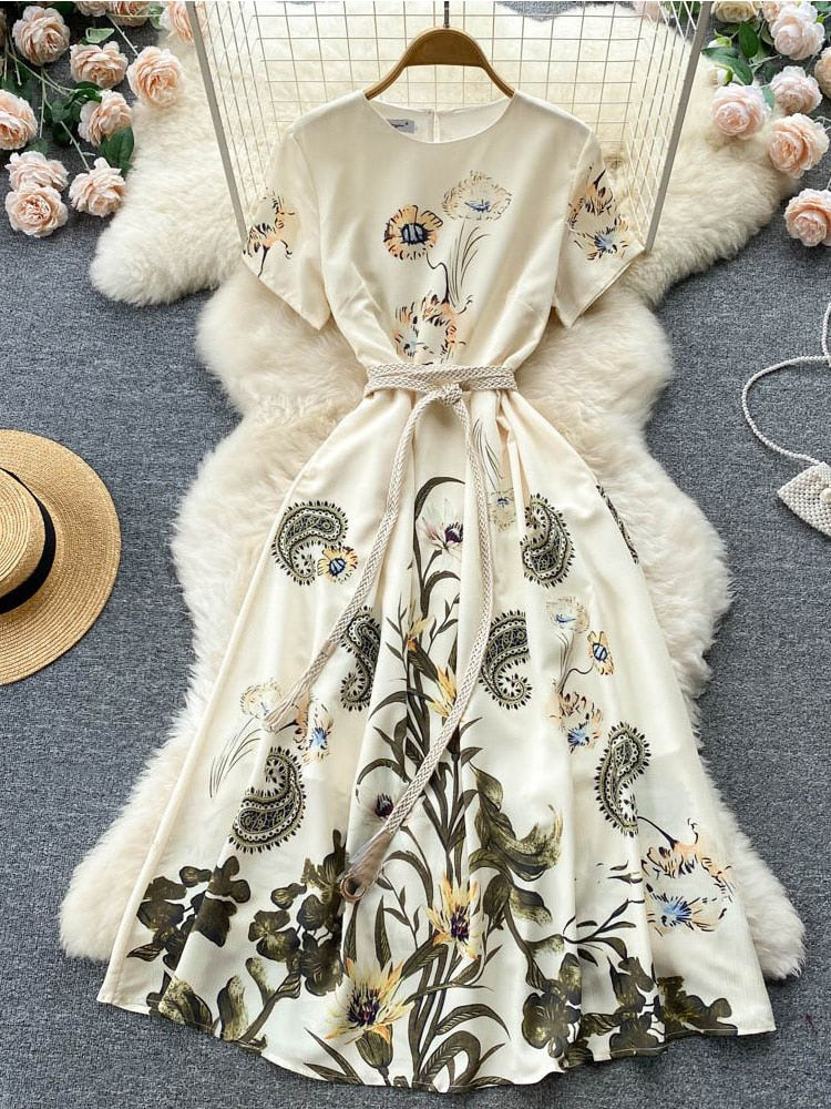 Women Runway French Slim Floral Vintage Elegant Casual Dress