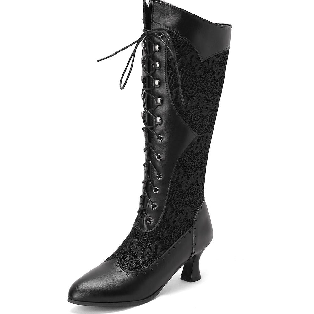 Women Vintage Lace Boots Cosplay High Heels Shoes