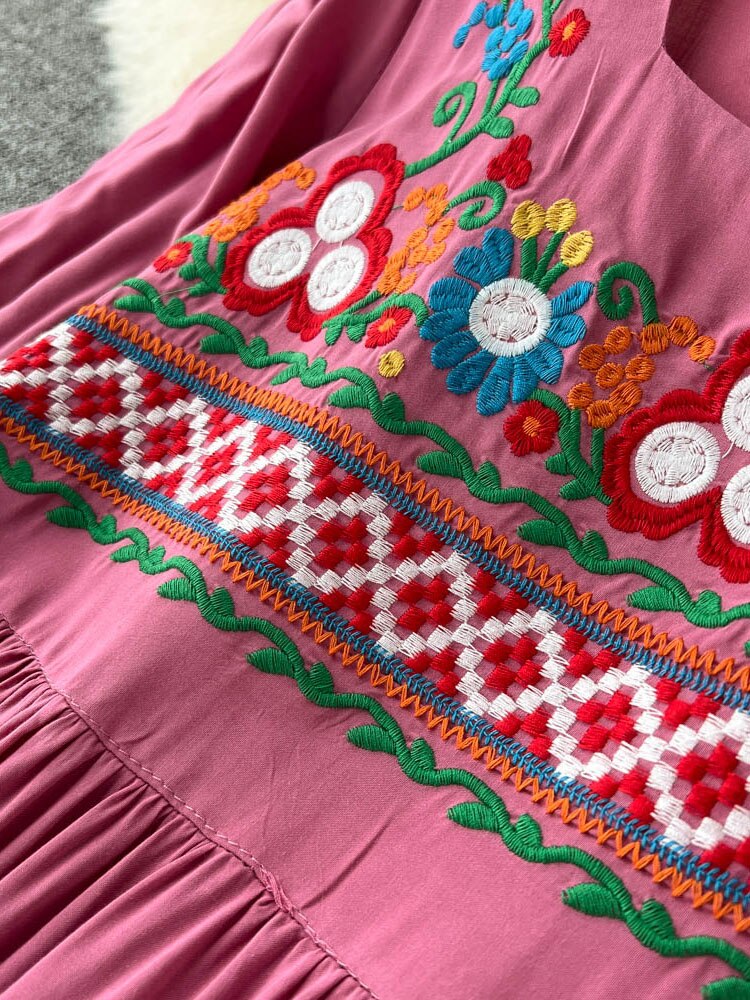 Women Bohemian Embroidered Square Neck Dress