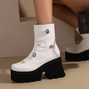 Women Mid-Calf Chunky Platform Rhinestone Boots