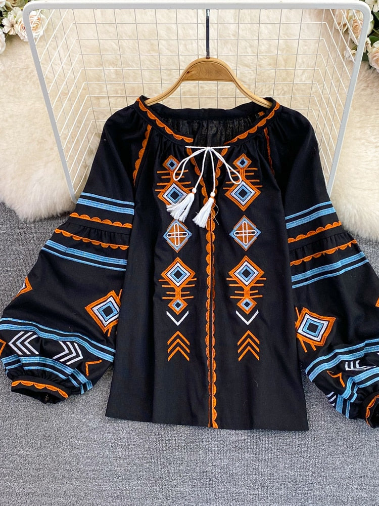 Women Retro Loose Embroidery Pullover Shirt