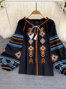 Women Retro Loose Embroidery Pullover Shirt