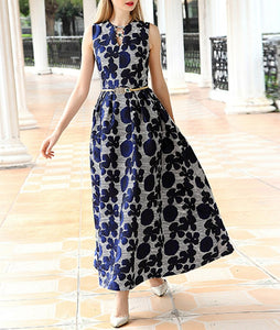 Women Floral Sleeveless Vestidos Jacquard Maxi Dress
