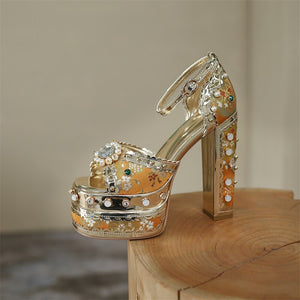 Women Floral Metallic Studded Square Heels Sandal