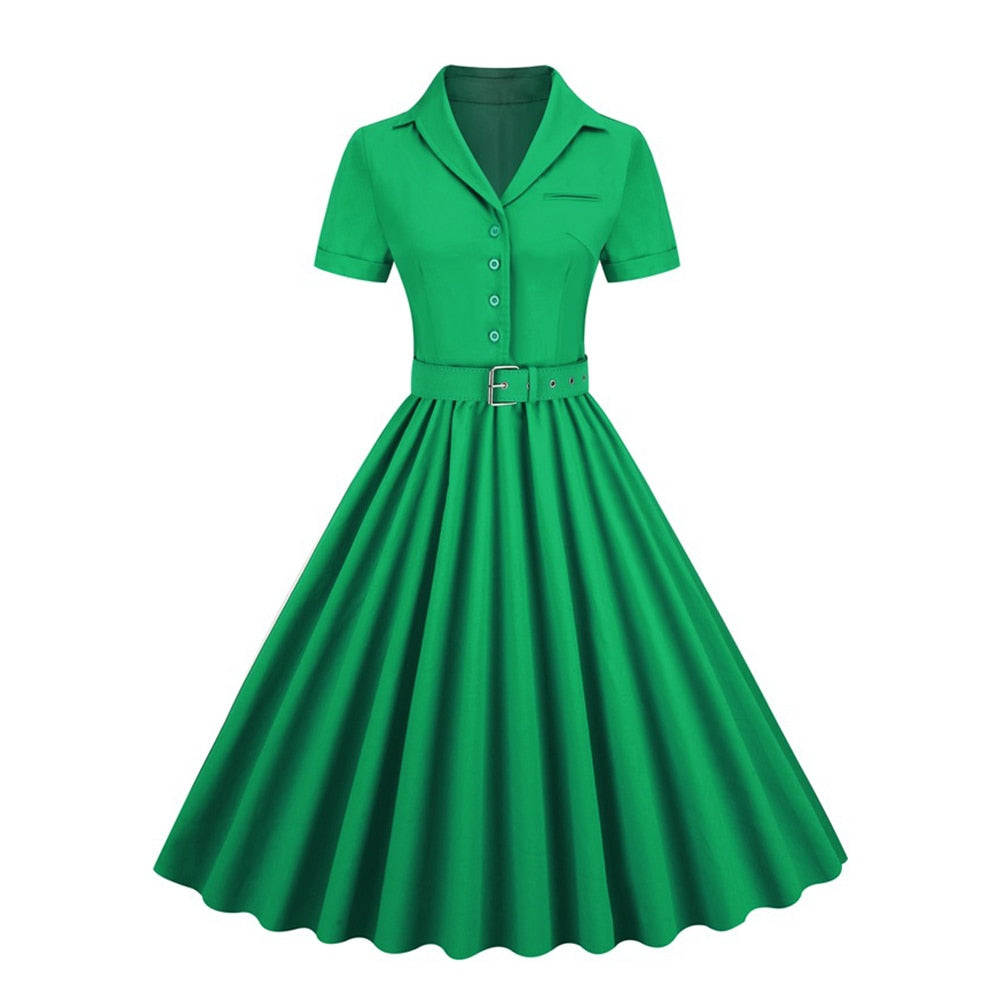 Women Vintage Belted Pinup Rockabilly Tunic Midi Pleated Dress