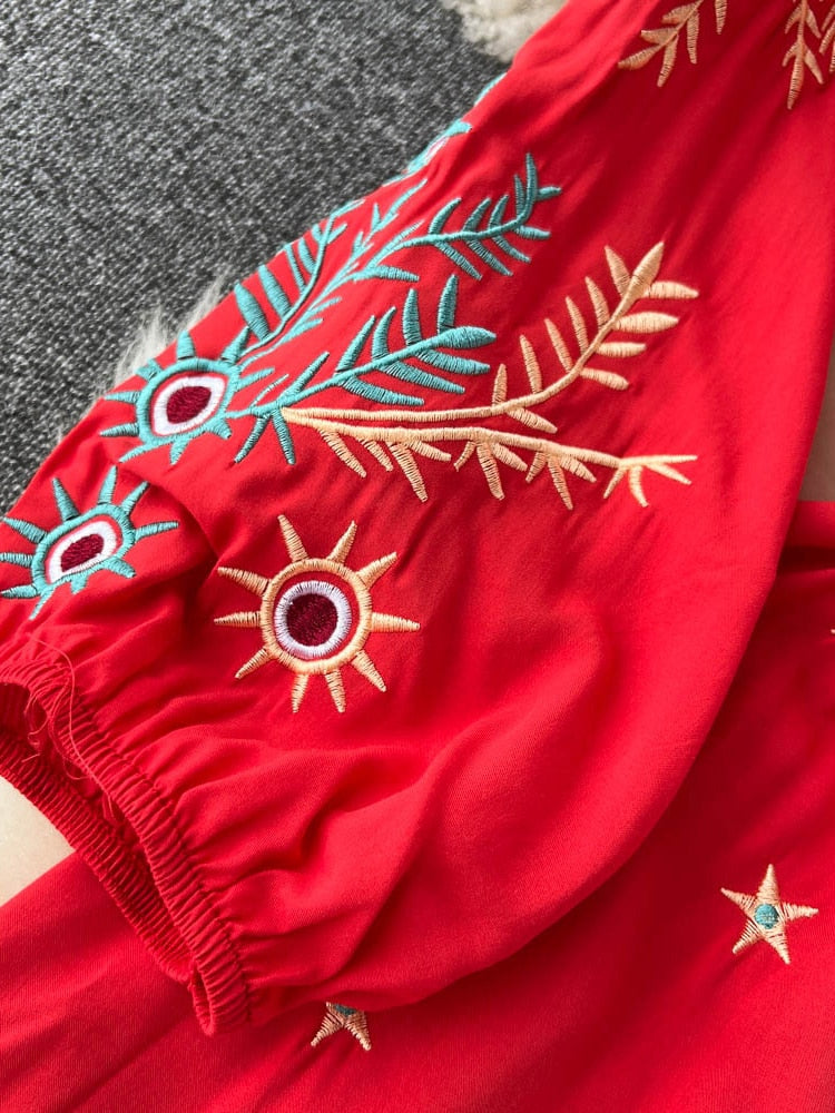Women Bohemian Embroidery Lace Up Vestidos Dress