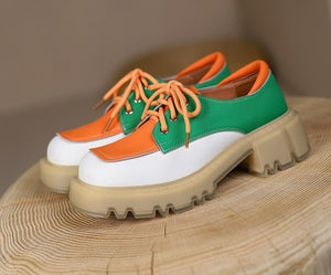 Women Med Heels Retro Genuine Cow Leather Block Shoes