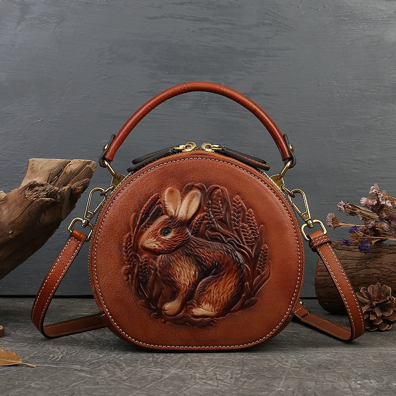 Women Retro Round Genuine Leather Handbags