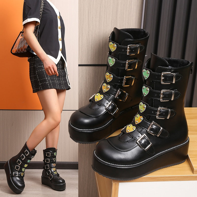 Women Heart Buckles Goth Platform Motorcycles Boots