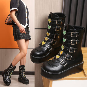 Women Heart Buckles Goth Platform Motorcycles Boots