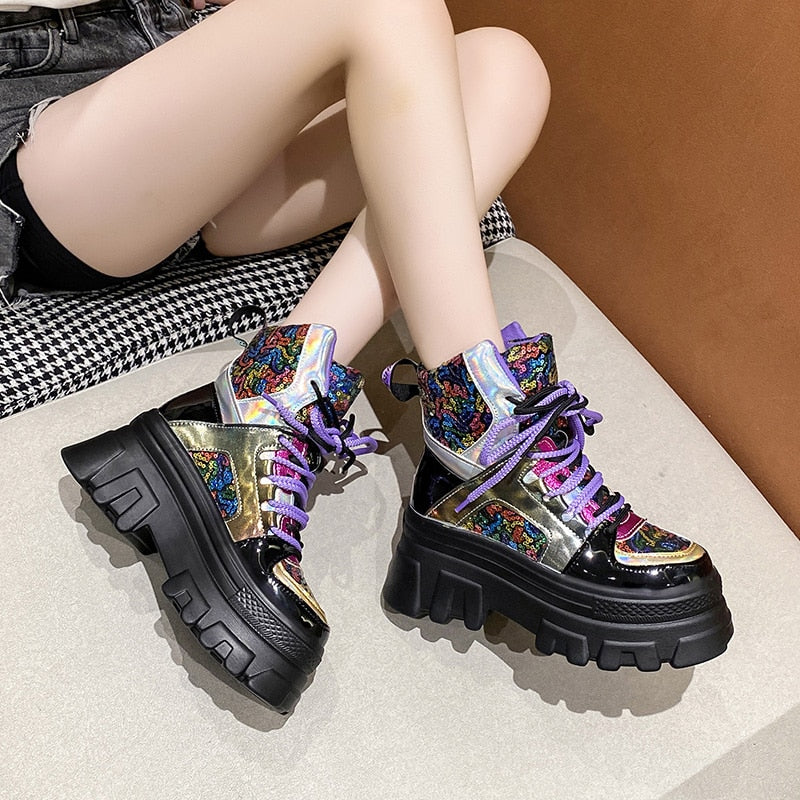 Women High Top Bling Chunky Ankle Motorcycle Boots