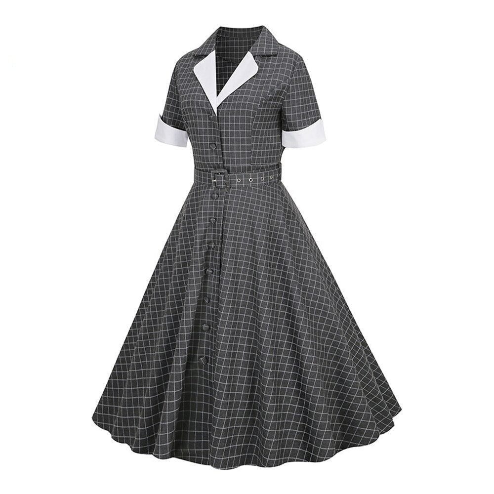 Women Notched Collar Rockabilly Belted Vintage Dress