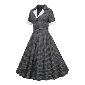 Women Notched Collar Rockabilly Belted Vintage Dress