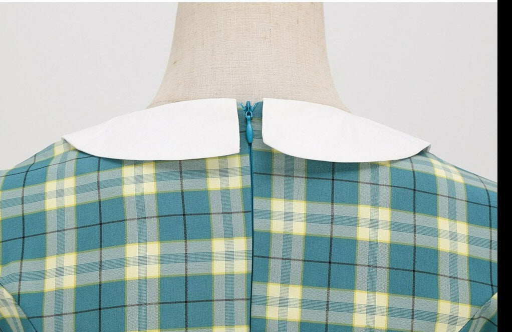 Women Hepburn Short Sleeve Vintage Retro Plaid Dress