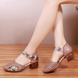 Women Genuine Leather Retro Hollow Out Sandals