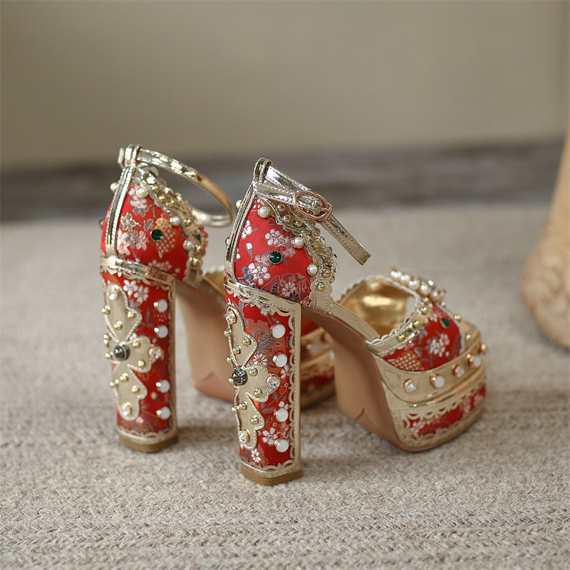 Women Floral Metallic Studded Square Heels Sandal