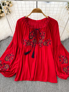 Women Retro Embroidered Lace-Up Blouse