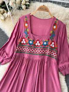 Women Bohemian Embroidered Square Neck Dress