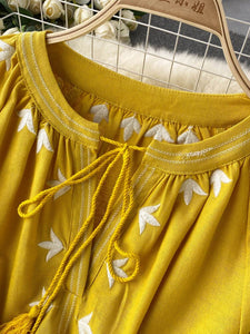 Women Embroidered V-neck Tie Split Retro Dress
