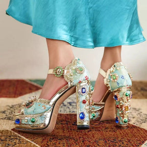 Women Embroidery Lace Rhinestone High Heels Sandals