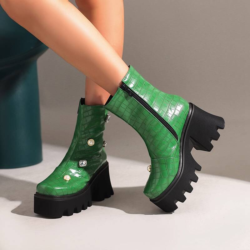 Women Mid-Calf Chunky Platform Rhinestone Boots